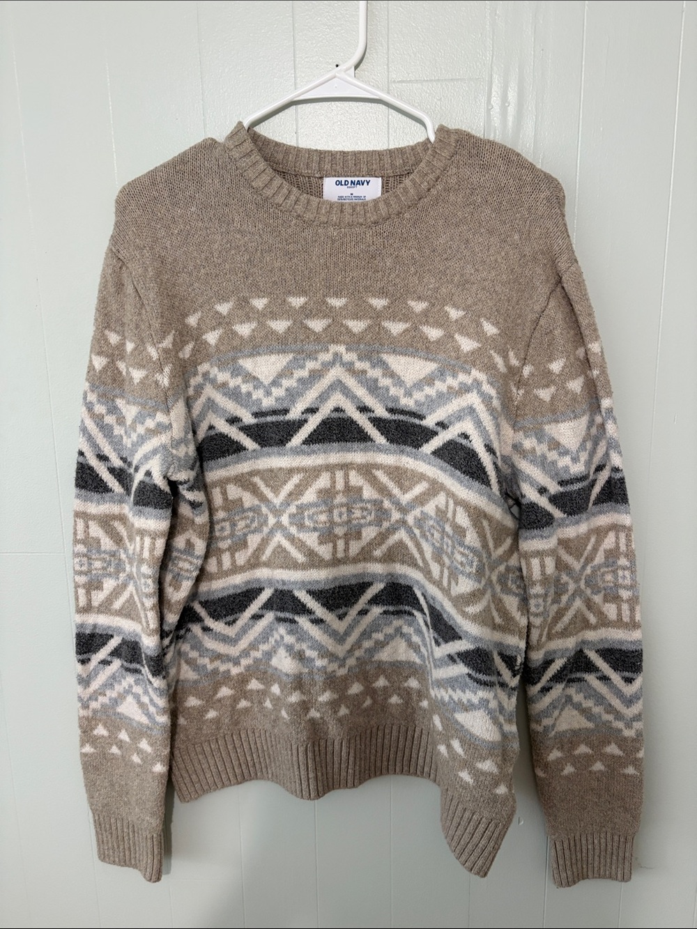 Old Navy Men's Beige Fair Isle Crewneck Sweater with Gray and White Accents